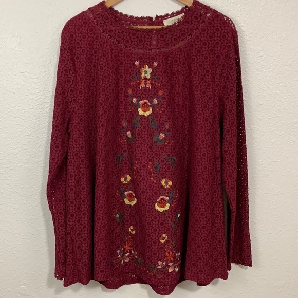 Umgee Burgundy Lace Floral Embroidered Lined Lace Blouse Size 1X NWT - Picture 1 of 7
